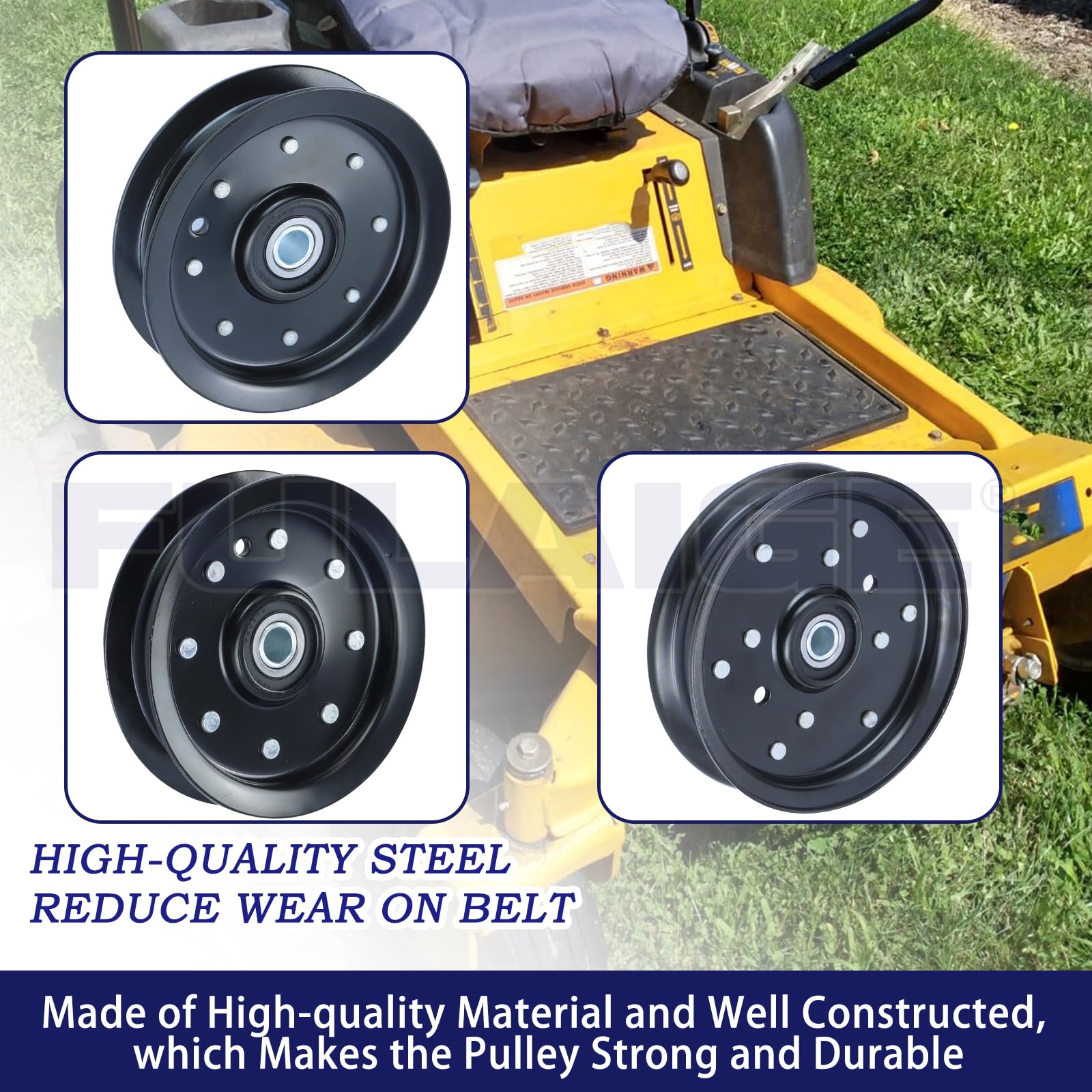 FULAIGE pulley mounted on a Hustler deck demonstrating improved belt tracking benefit
