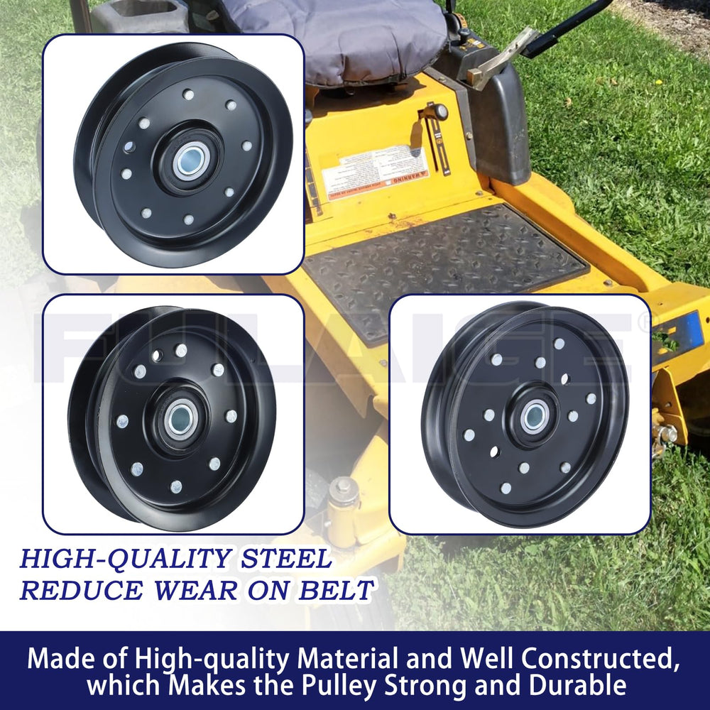 FULAIGE pulley mounted on a Hustler deck demonstrating improved belt tracking benefit