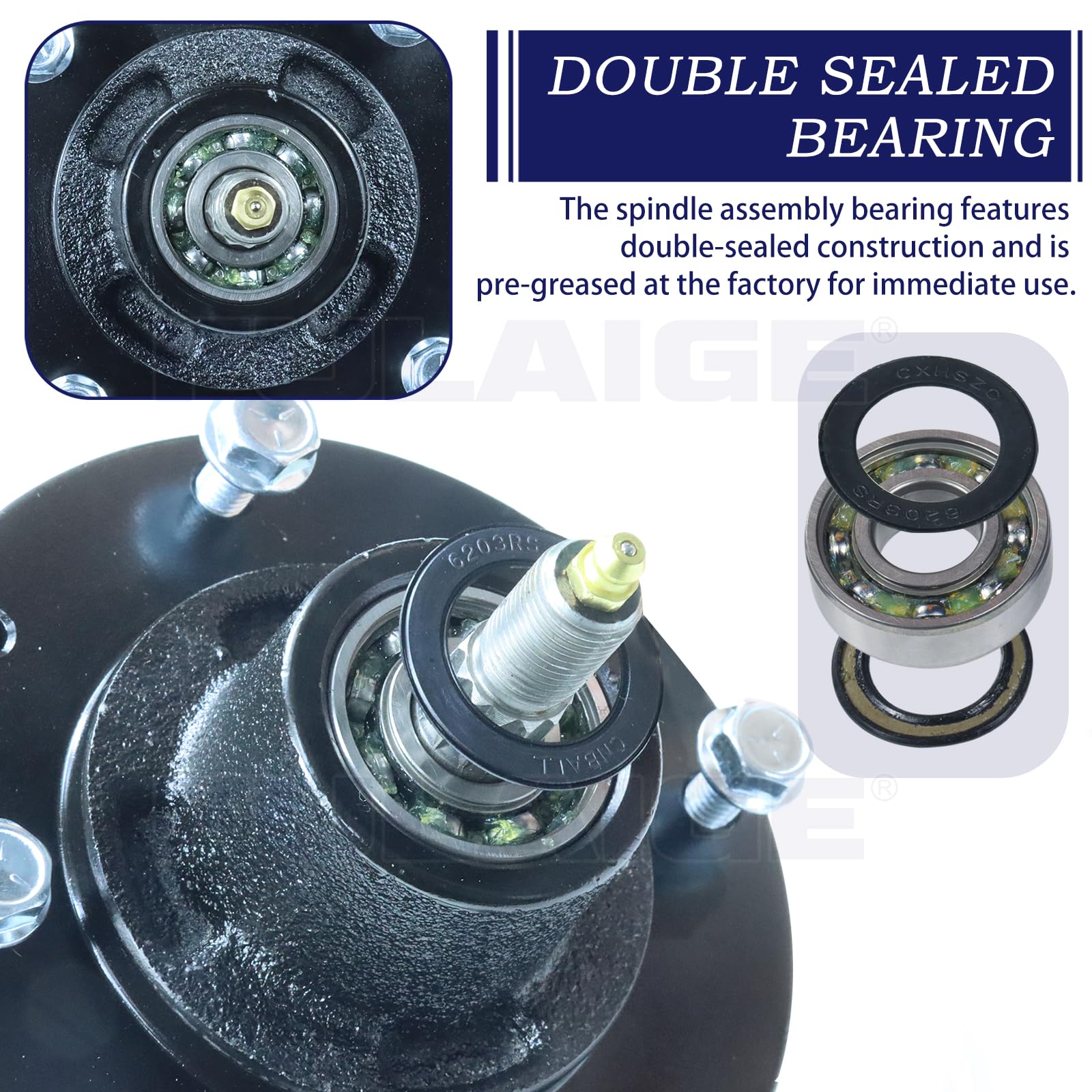 FULAIGE spindle installed on mower deck showing restored blade stability benefit