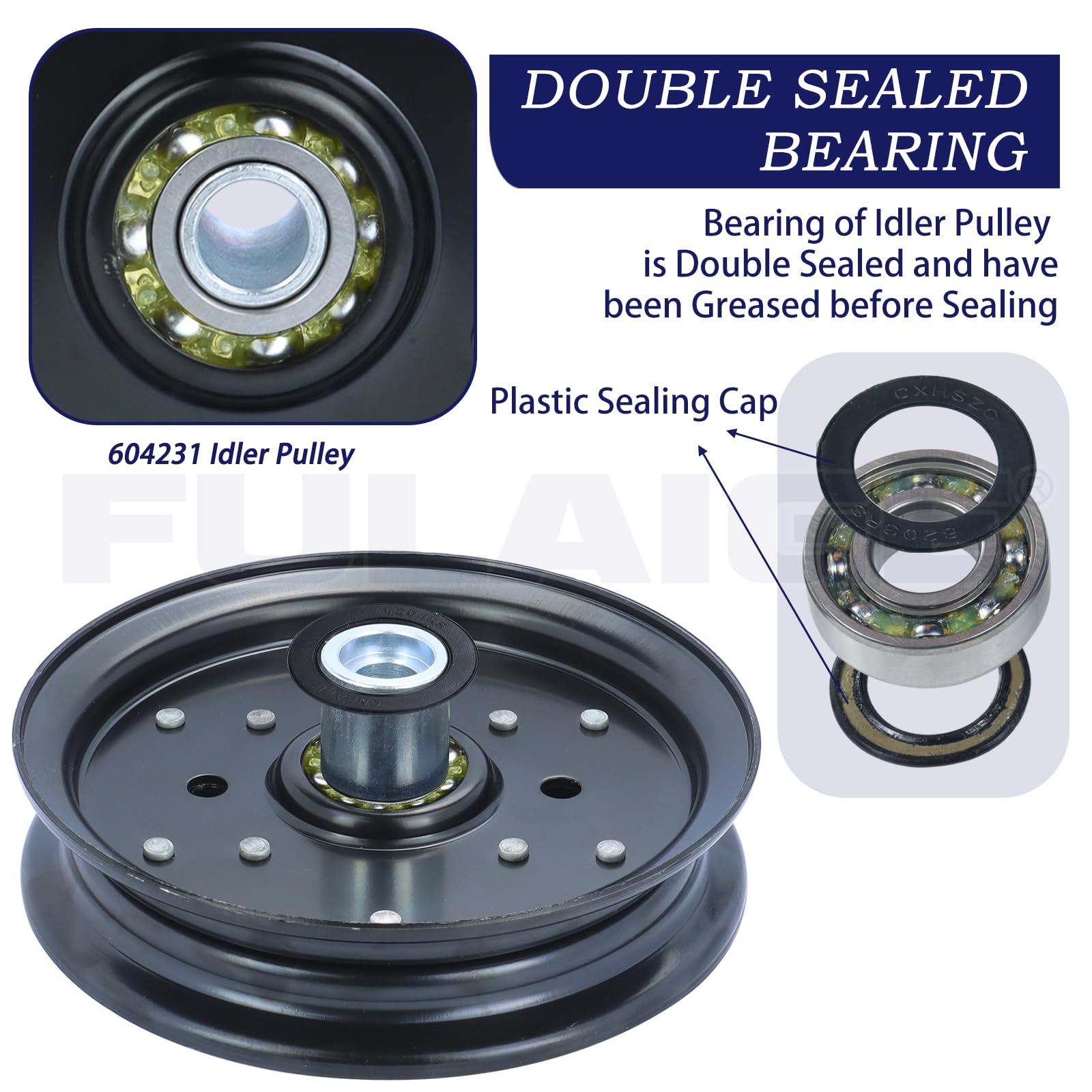 FULAIGE top-down photo of the three pulleys illustrating included parts and correct sizes benefit