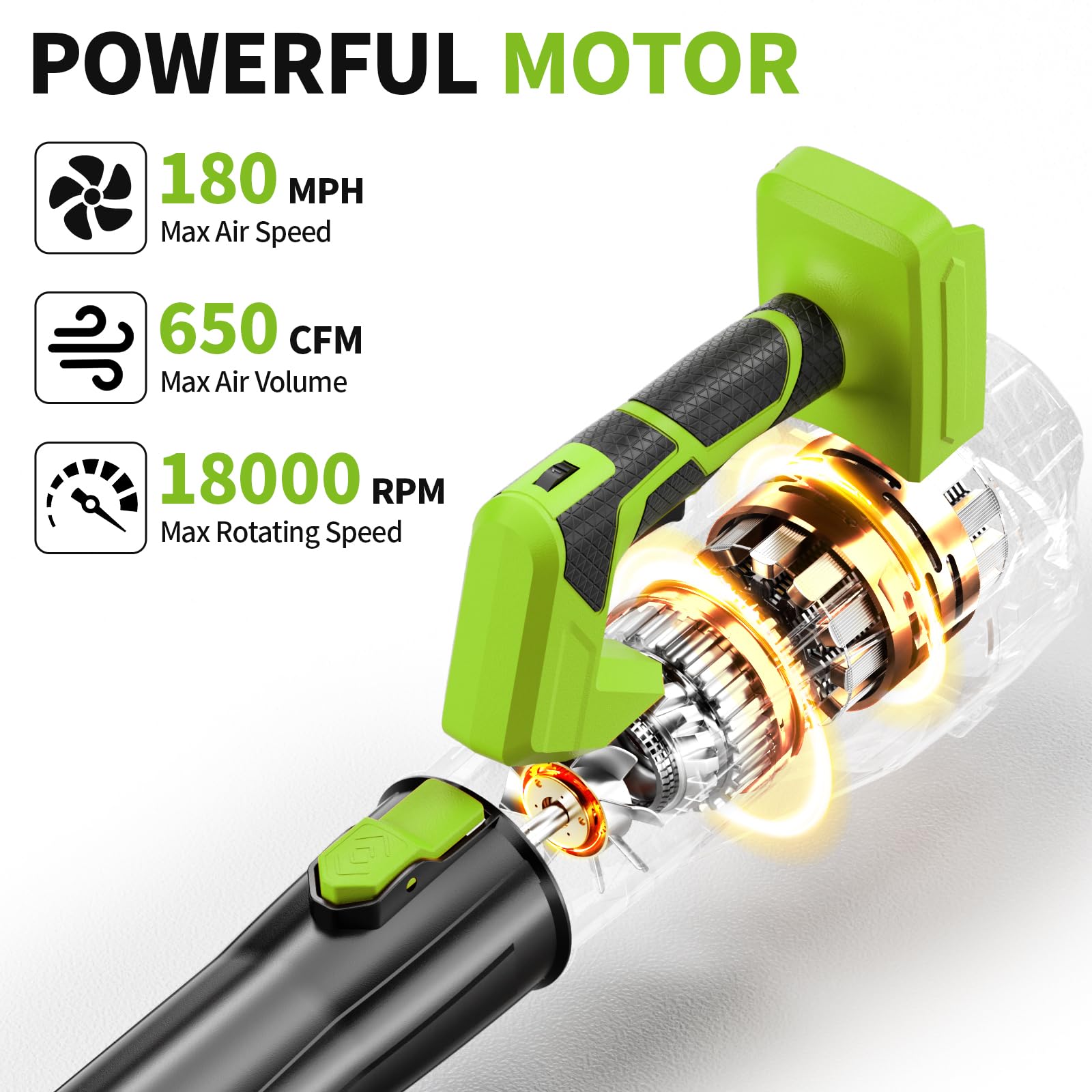 FULLYEA battery pack mounted on blower emphasizing long runtime and swap convenience
