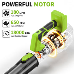 FULLYEA battery pack mounted on blower emphasizing long runtime and swap convenience