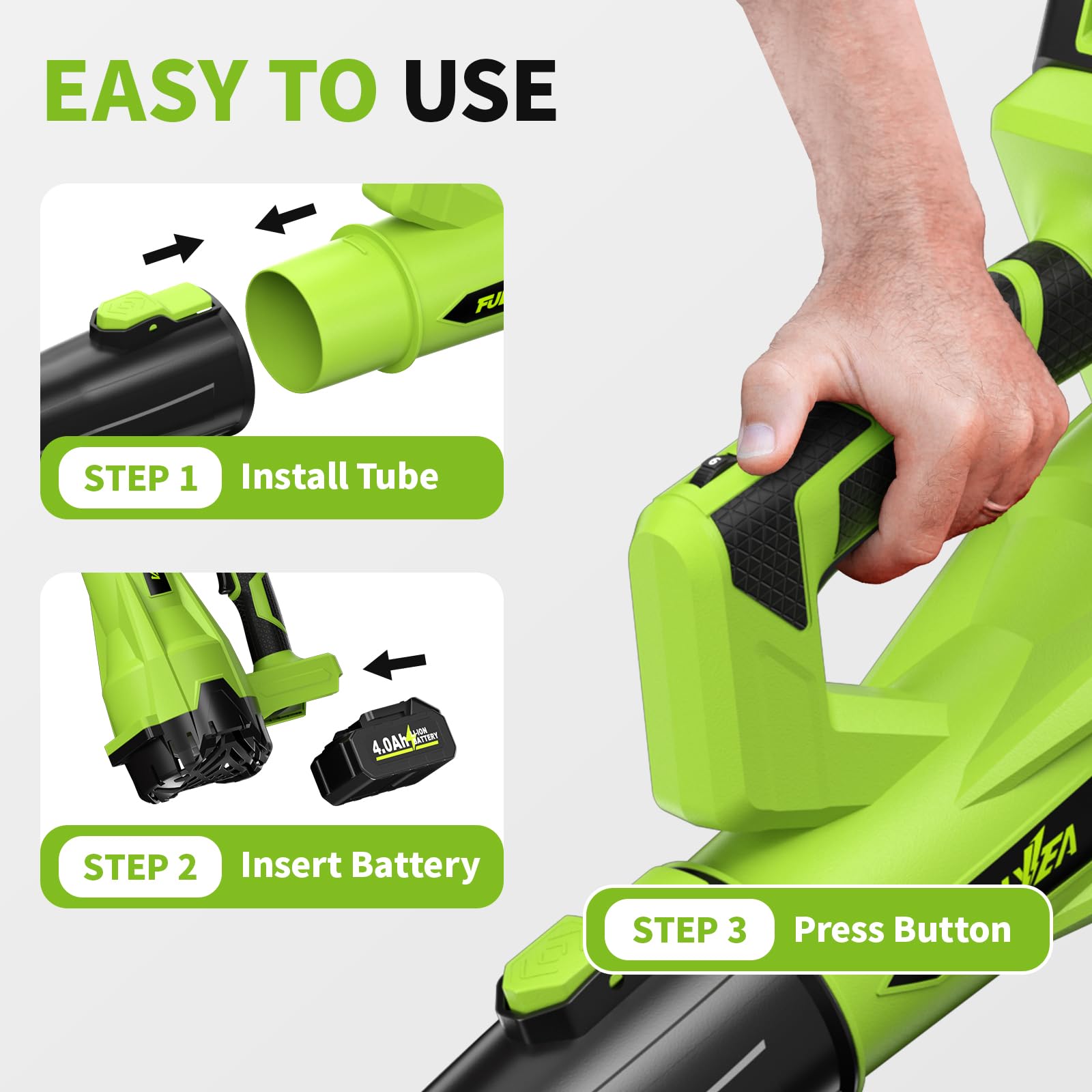 FULLYEA compatibility label closeup noting Makita-style battery compatibility benefit