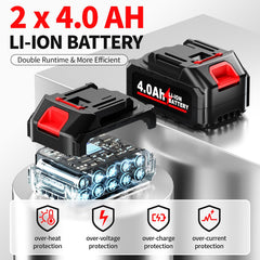 FULLYEA two 4.0Ah batteries displayed to show longer runtime