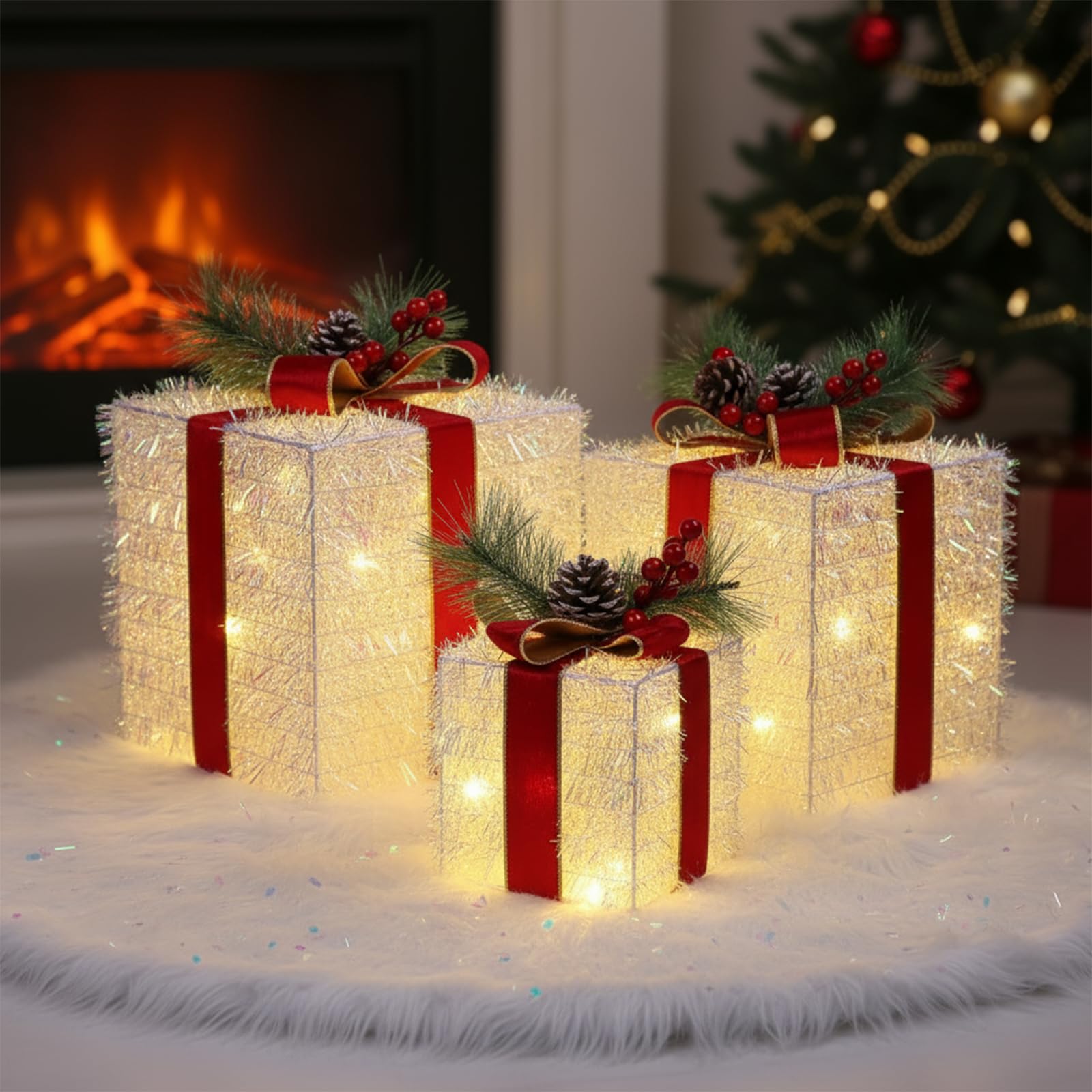 fulong front view of three pre-lit gift boxes adding instant holiday charm