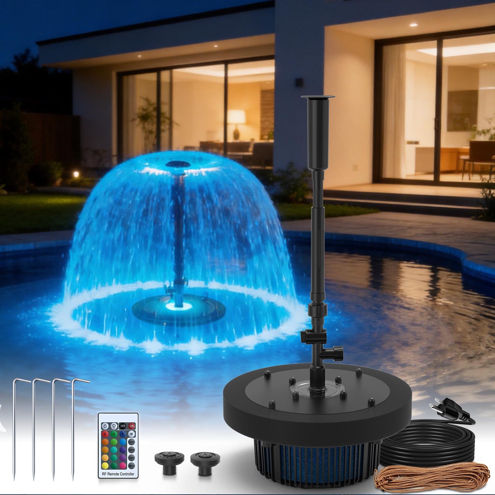 FUMAK front view of floating fountain showing stable outdoor setup and decorative spray