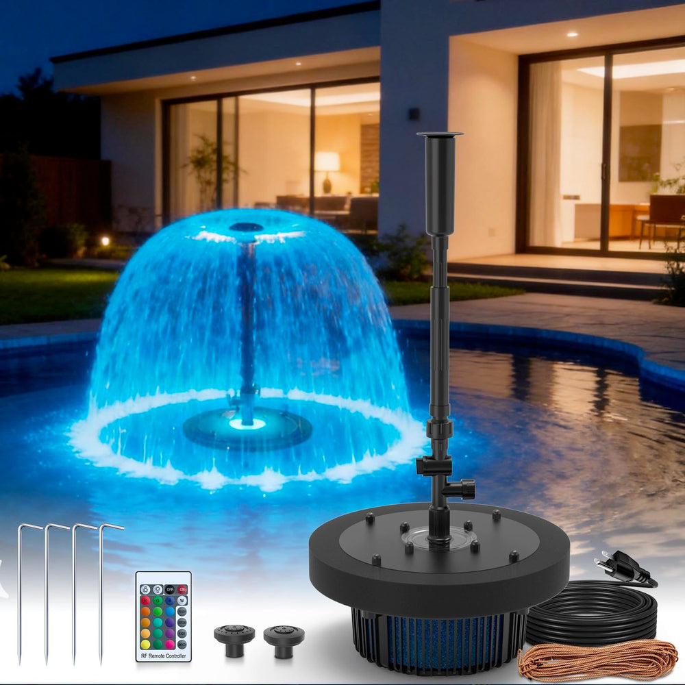 FUMAK front view of floating fountain showing stable outdoor setup and decorative spray