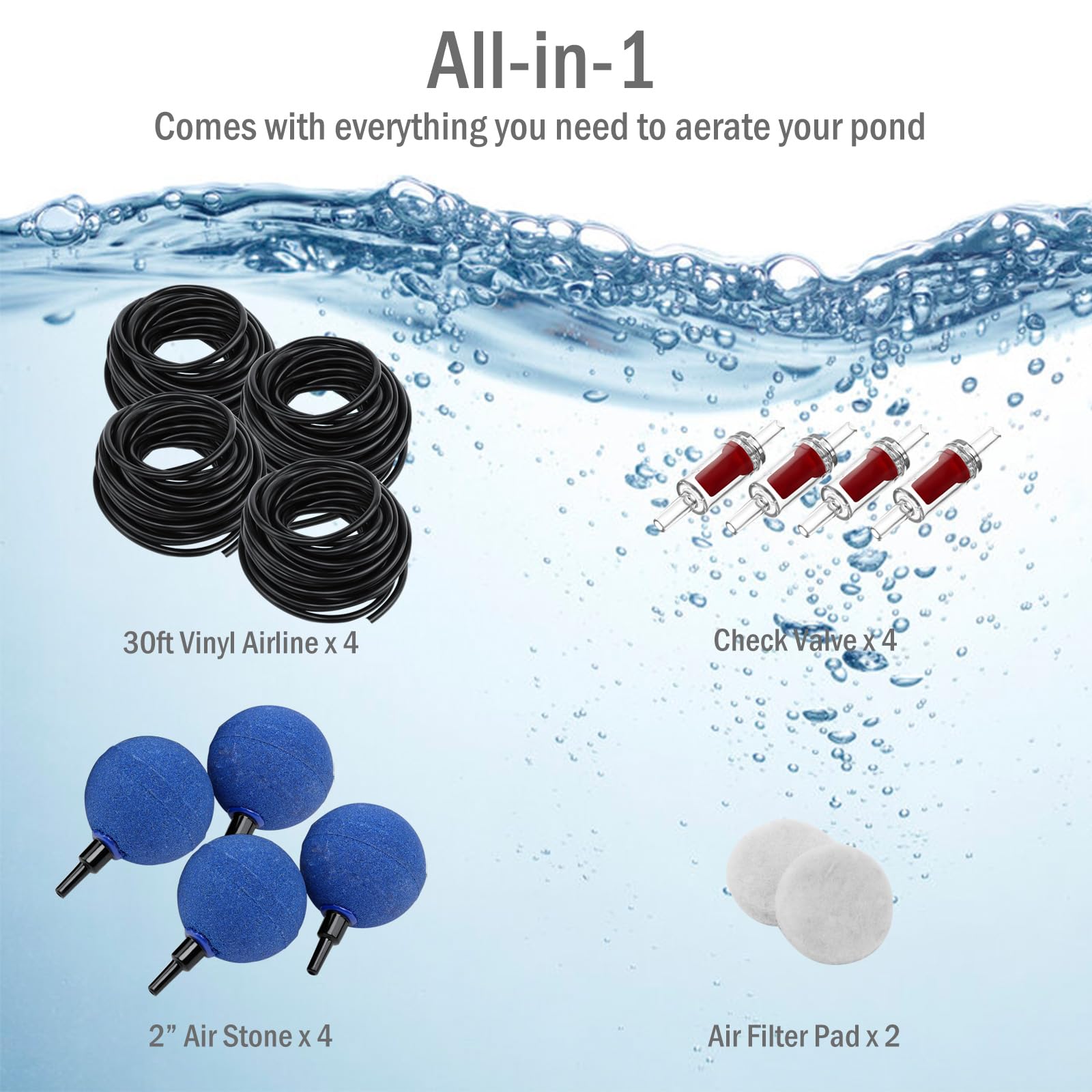 FUMAK aerator in use with even pond bubbles demonstrating better water circulation