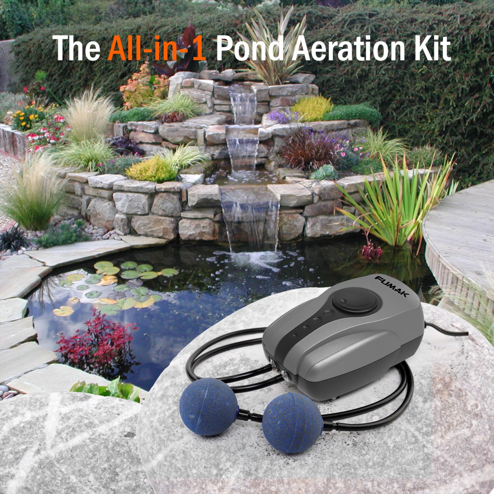 FUMAK pump installed at backyard pond edge providing visible aeration benefit