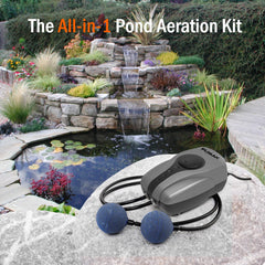 FUMAK pump installed at backyard pond edge providing visible aeration benefit