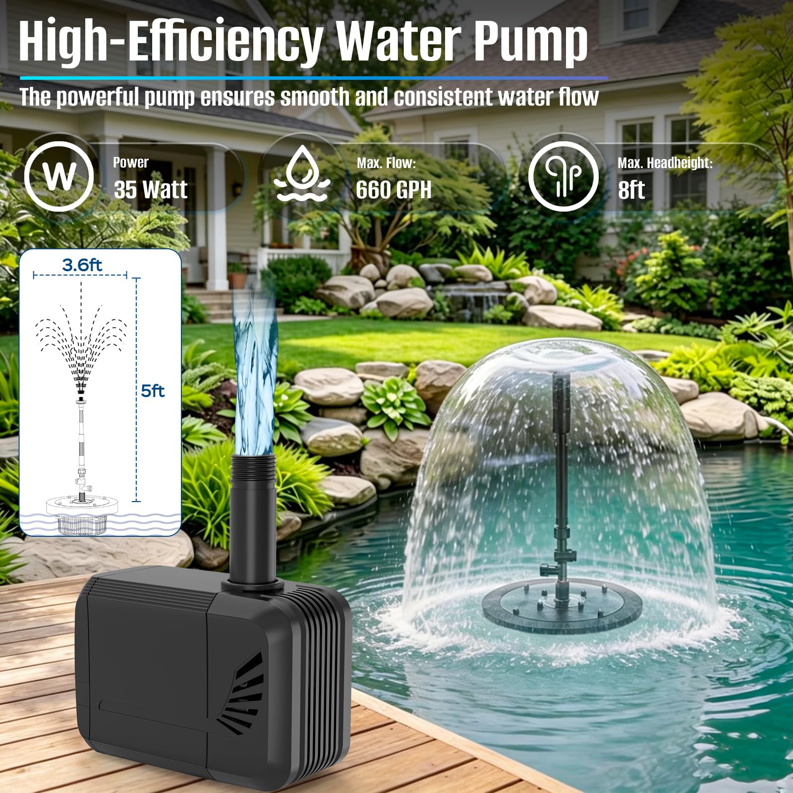 FUMAK telescopic pole extended demonstrating adjustable spray height and layered displays