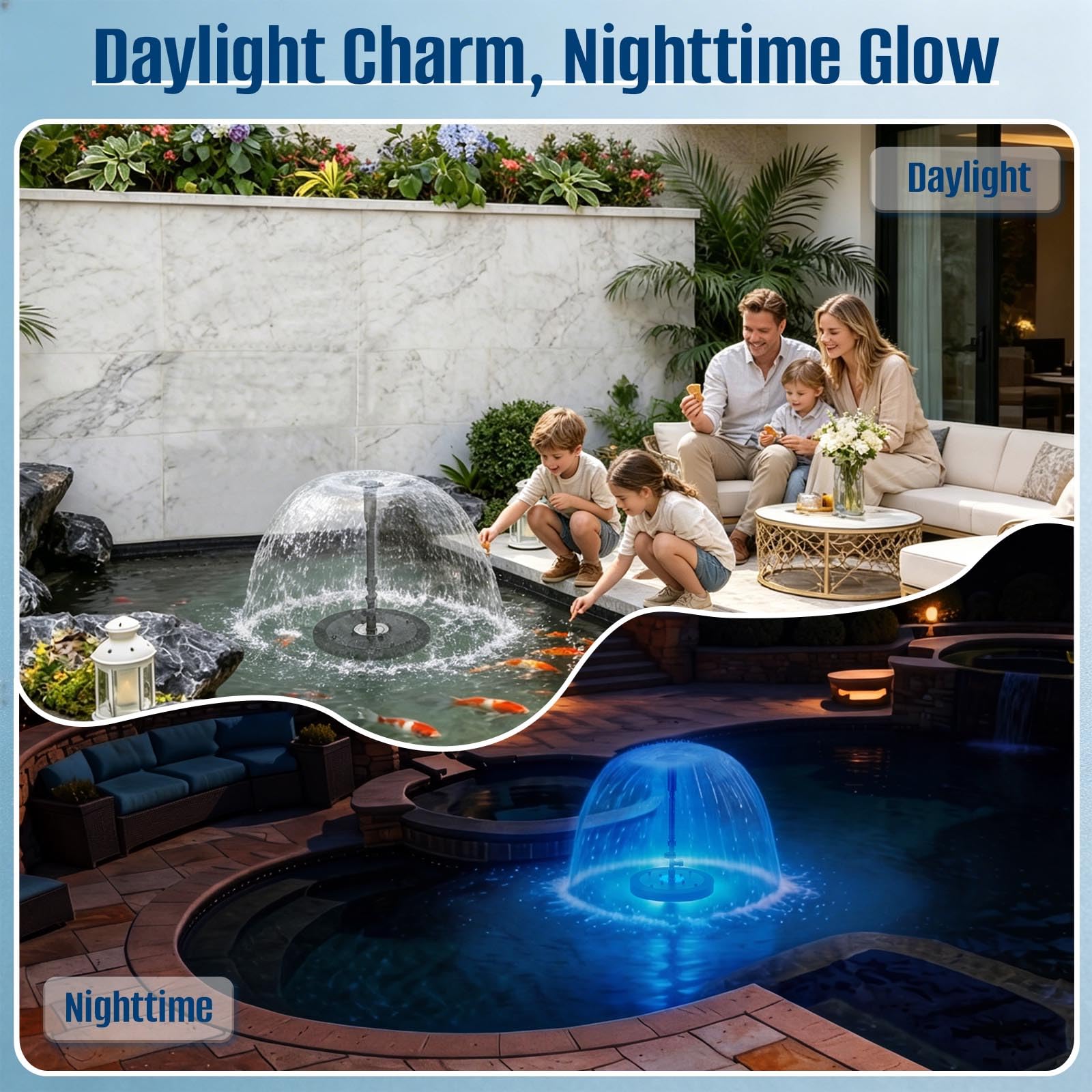 FUMAK three interchangeable nozzles displayed to vary fountain spray effects quickly