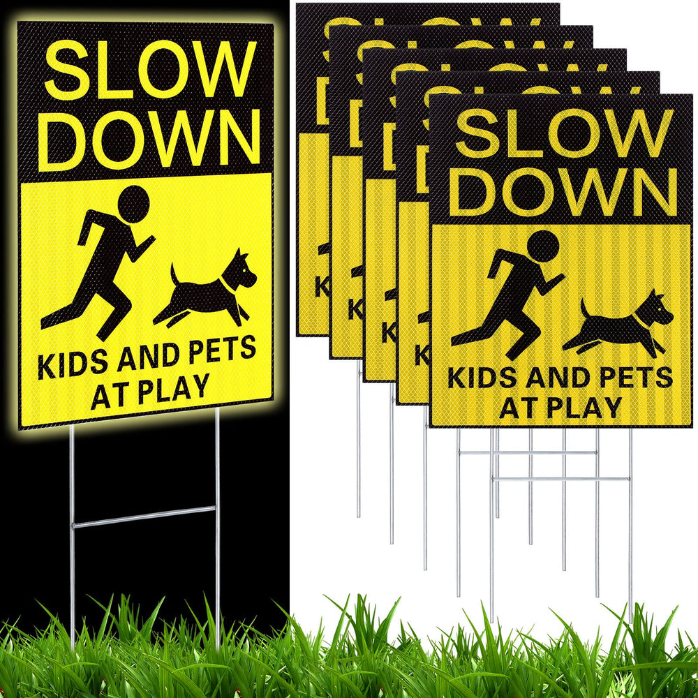 Fumete front view of six yellow slow down signs showing visibility benefits