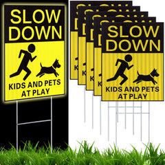 Fumete front view of six yellow slow down signs showing visibility benefits