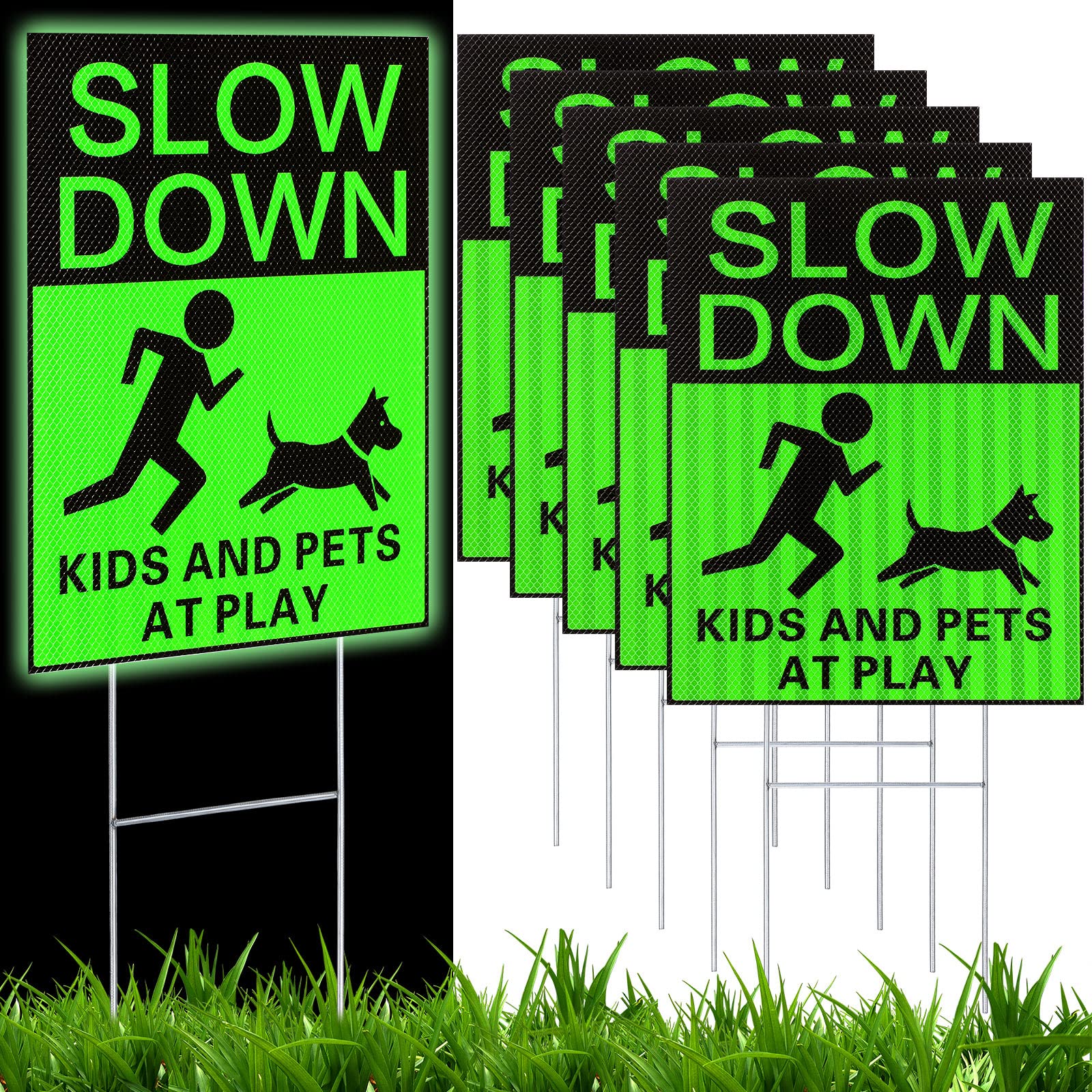 Fumete front view of green slow down signs showing pack and visibility benefits