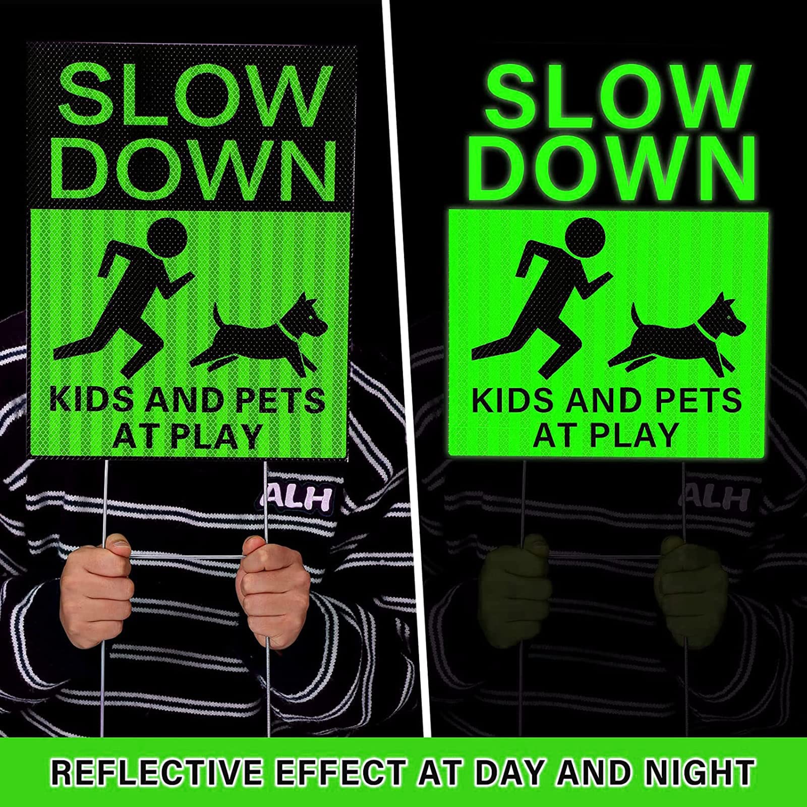 Fumete sign installed on lawn by driveway demonstrating increased driver awareness