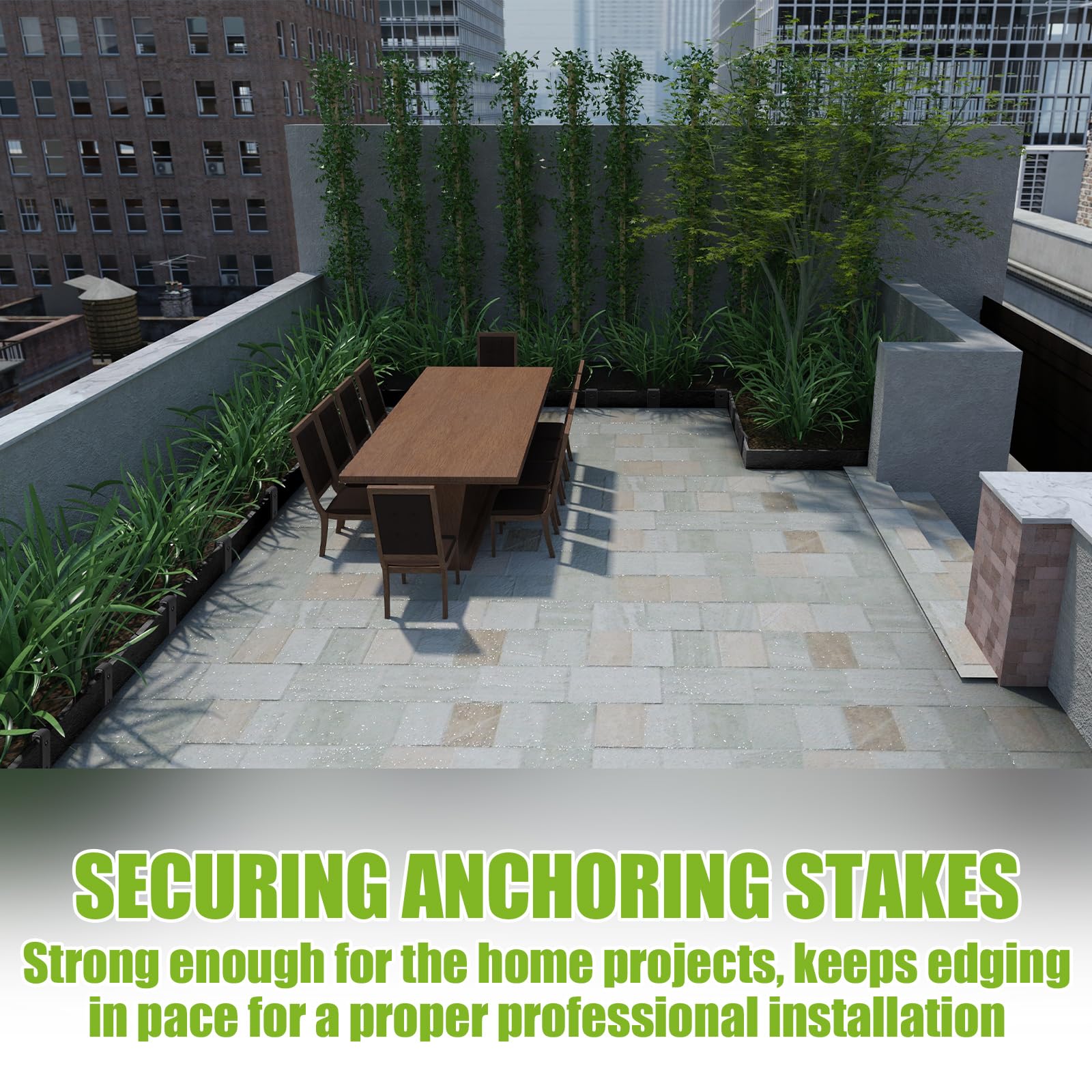 Fumete stakes driven into soil illustrating secure anchoring in dirt
