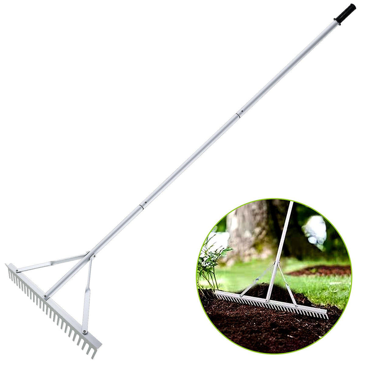 Fumingpal front view of 24 inch rake showing full head and handle, for efficient coverage