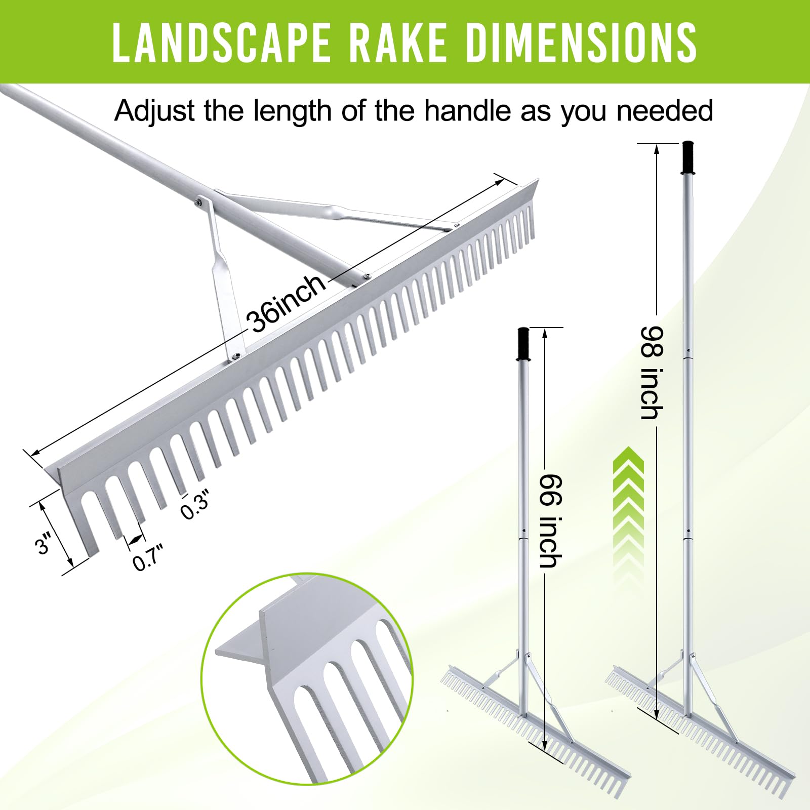 Fumingpal closeup of rake head and teeth, rustproof aluminum for long life