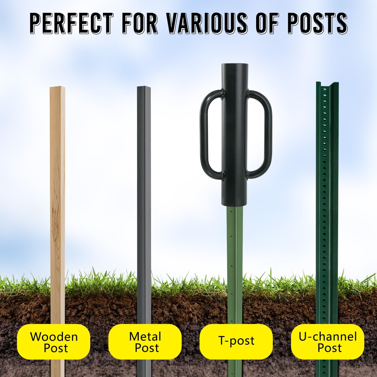 Fumingpal in use driving a T-post into ground for faster, cleaner fence installation