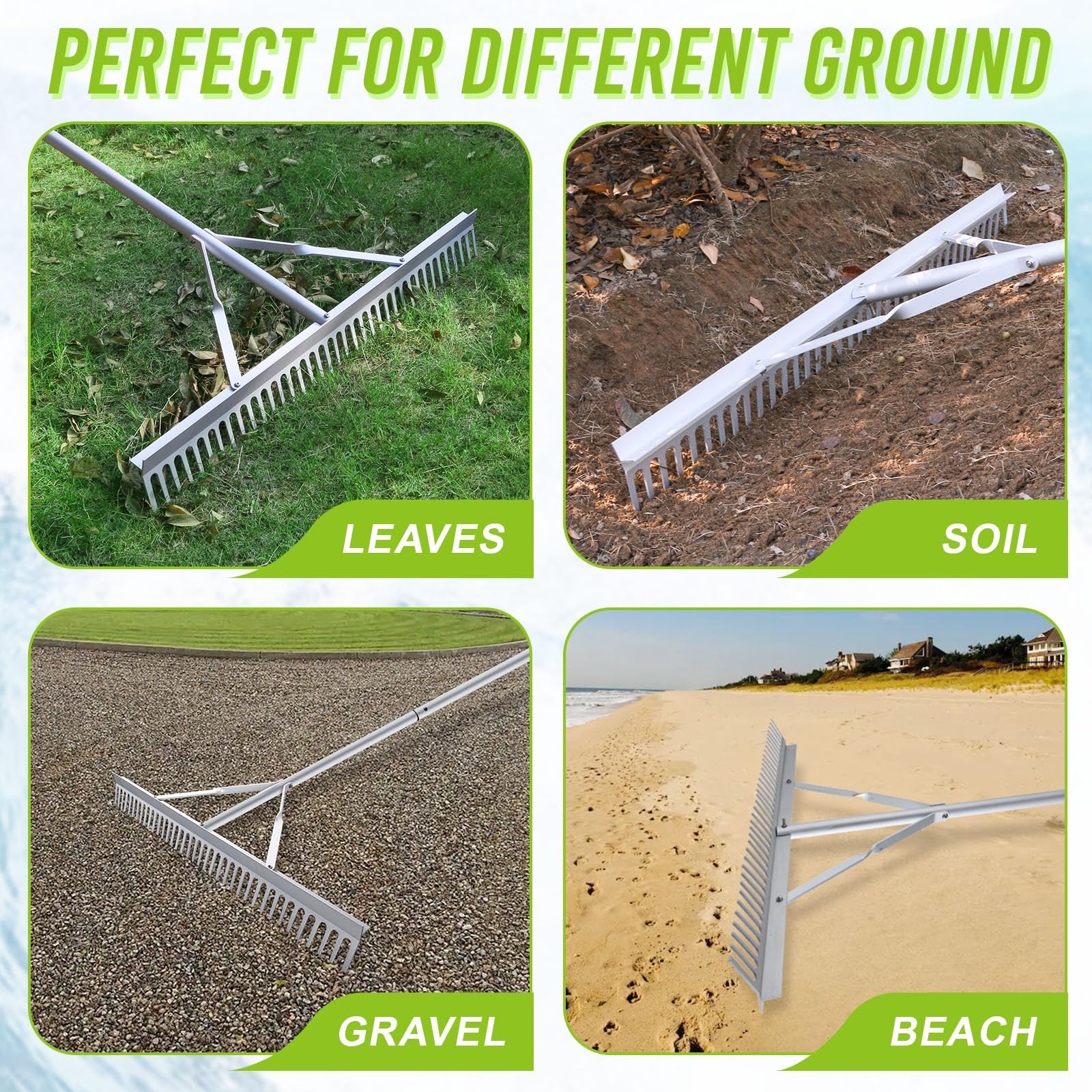 Fumingpal rake in use leveling soil, speeds up grading and spreading