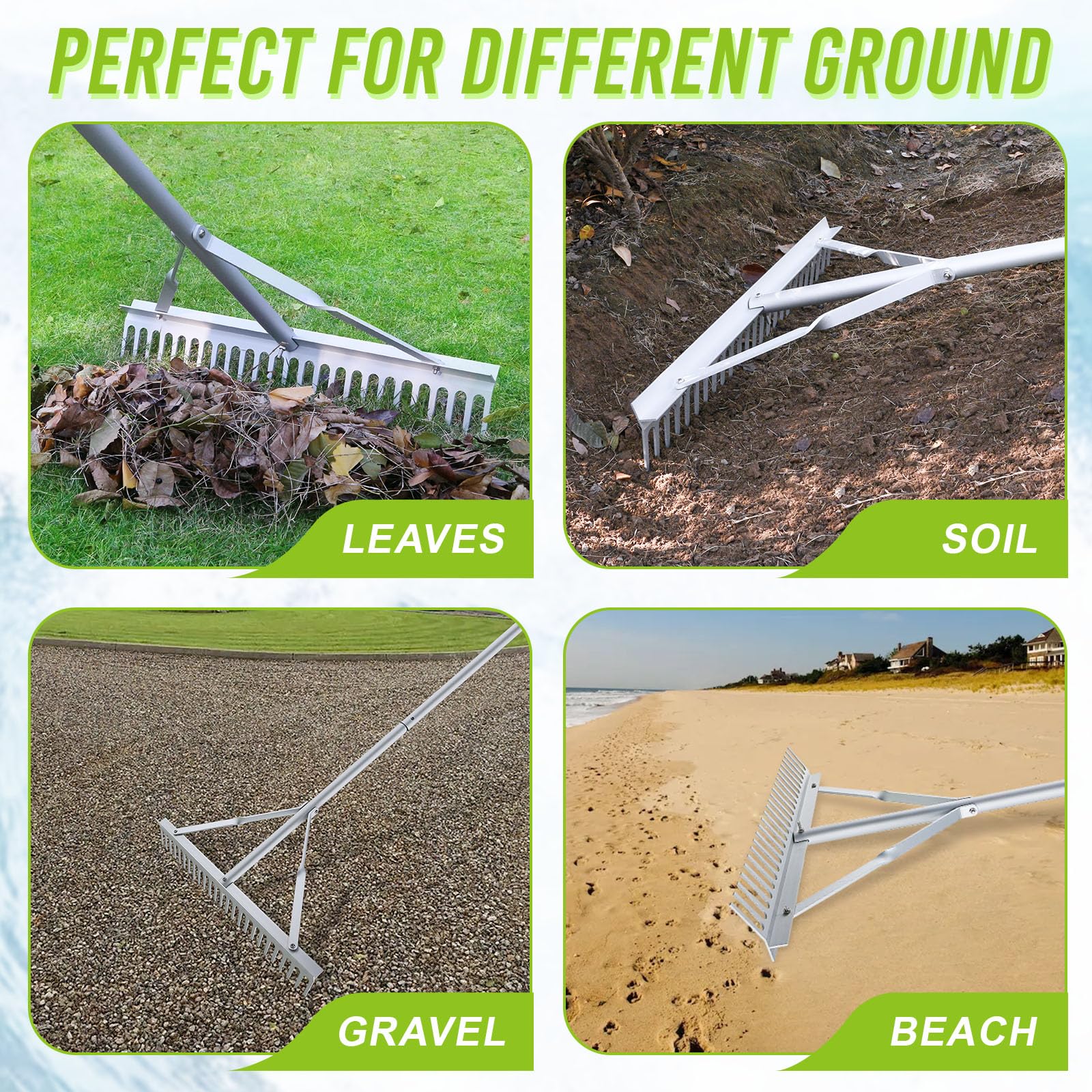 Fumingpal rake in use leveling soil in garden bed, faster even grading