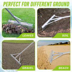 Fumingpal rake in use leveling soil in garden bed, faster even grading