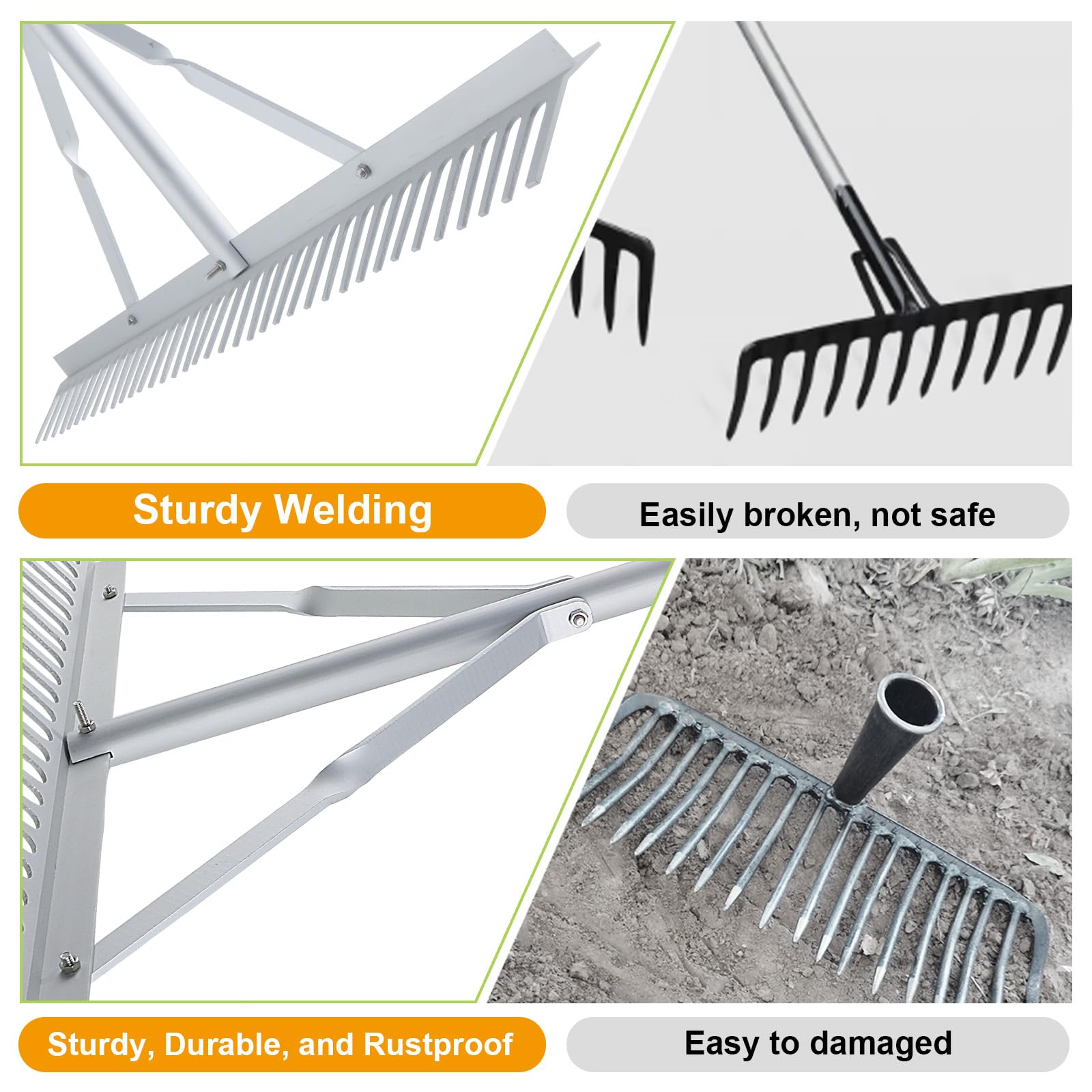 Fumingpal rake leaned in garden setting, versatile tool for lawn care