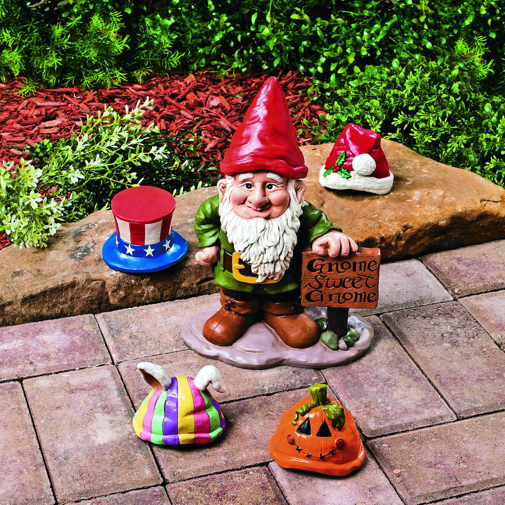 Fun Express gnome placed in flower bed showing integrated look benefit: complements plantings