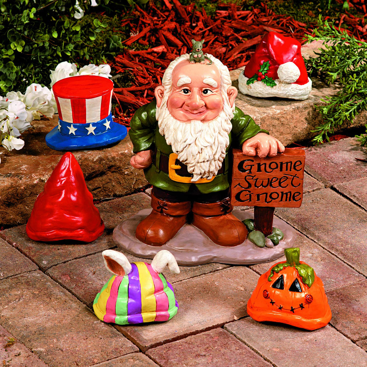 Fun Express gnome front view showing cheerful pose and sign benefit: friendly curb appeal