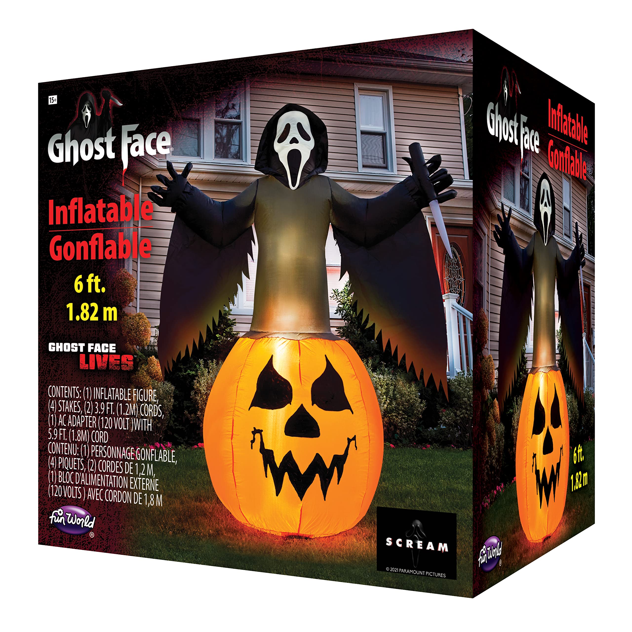 Fun World Ghost Face illuminated at night highlighting spooky glow benefit