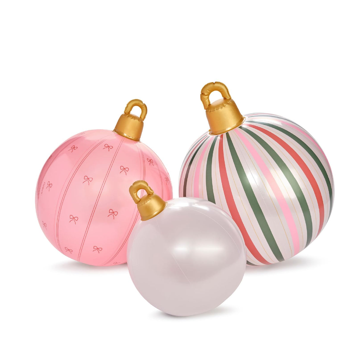 FUNBOY front view of three pink inflatable ornaments showing sizes and LED glow