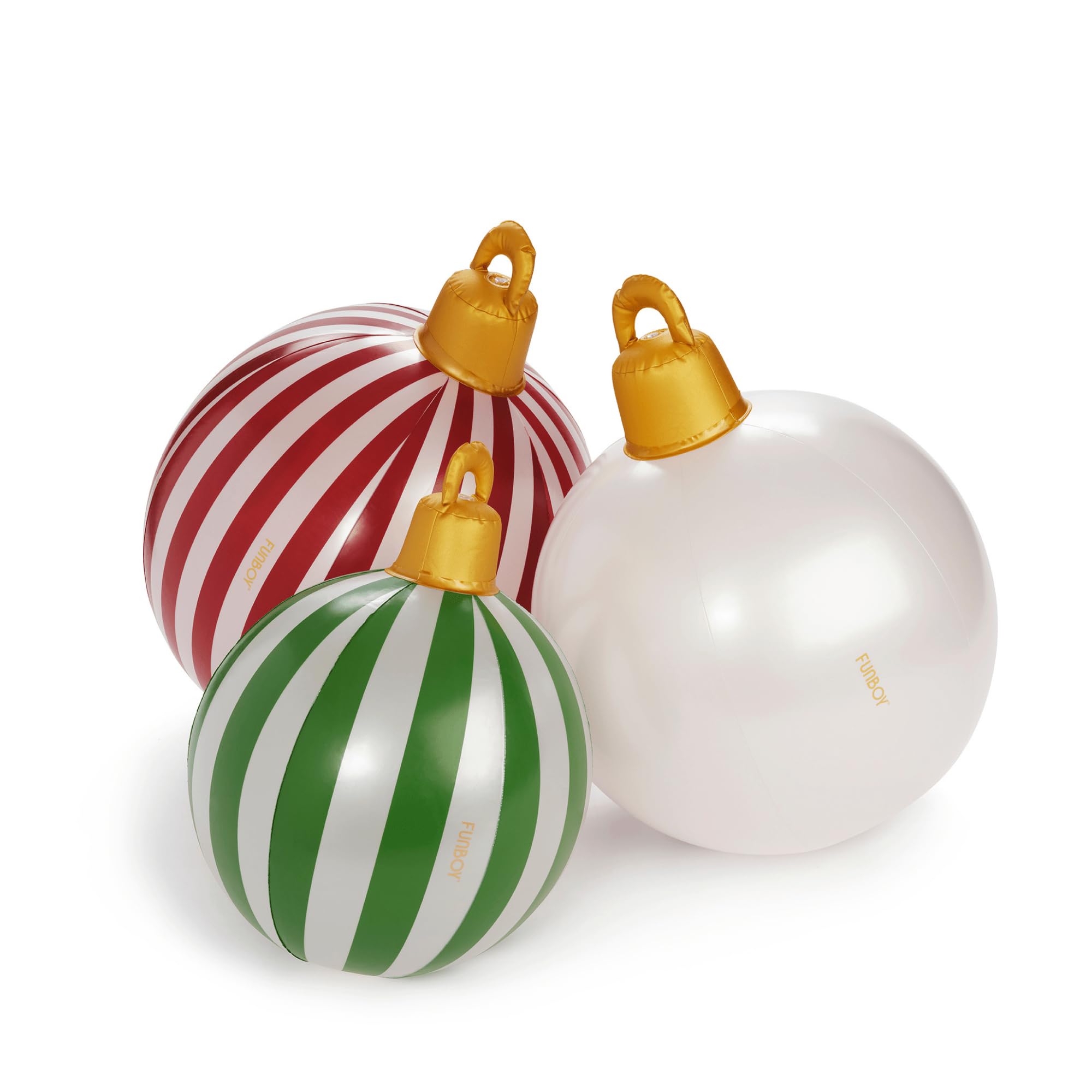FUNBOY front display of three inflatable ornaments showing size variety and festive appeal