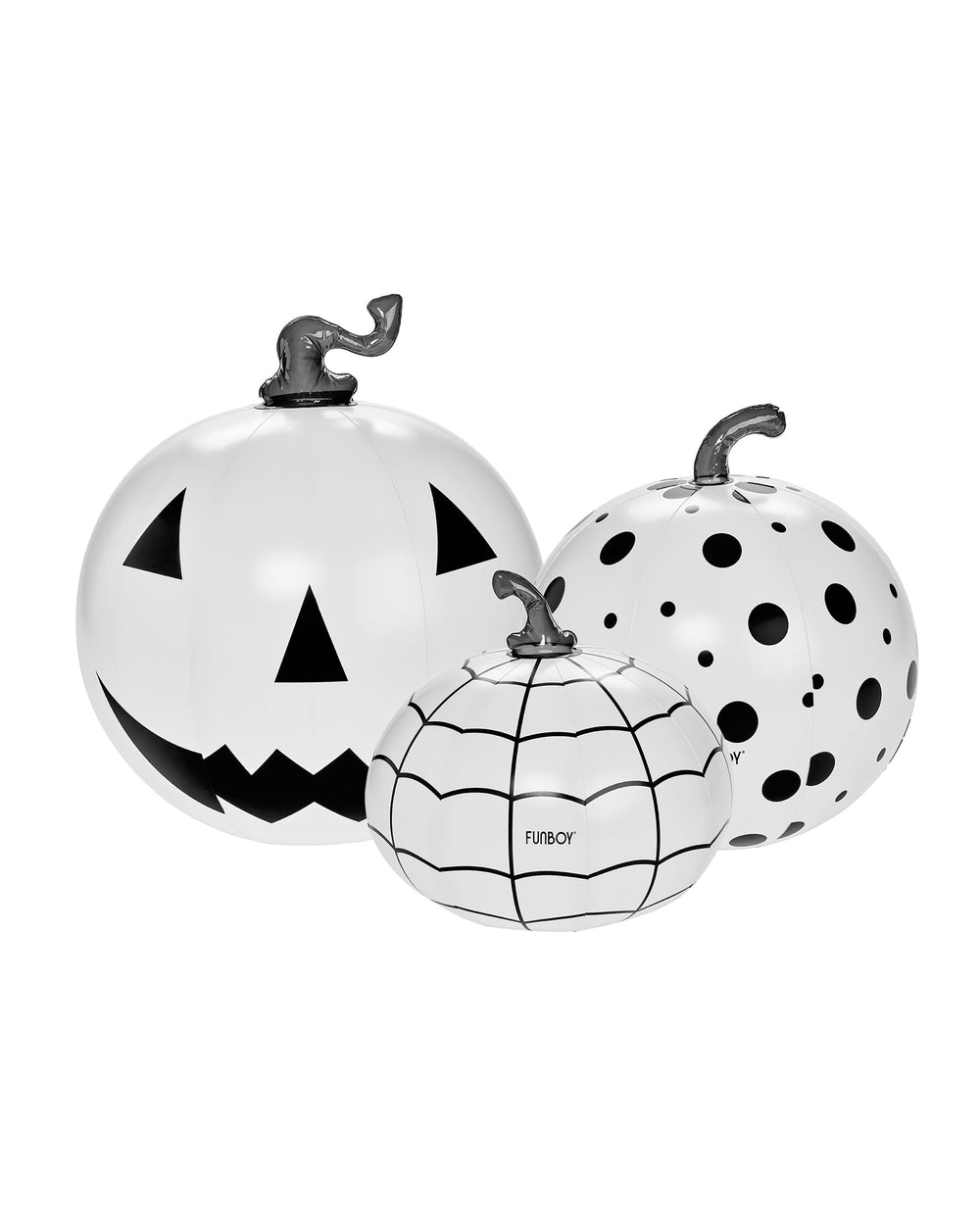 FUNBOY front view of three black and white inflatable pumpkins showing scale and design