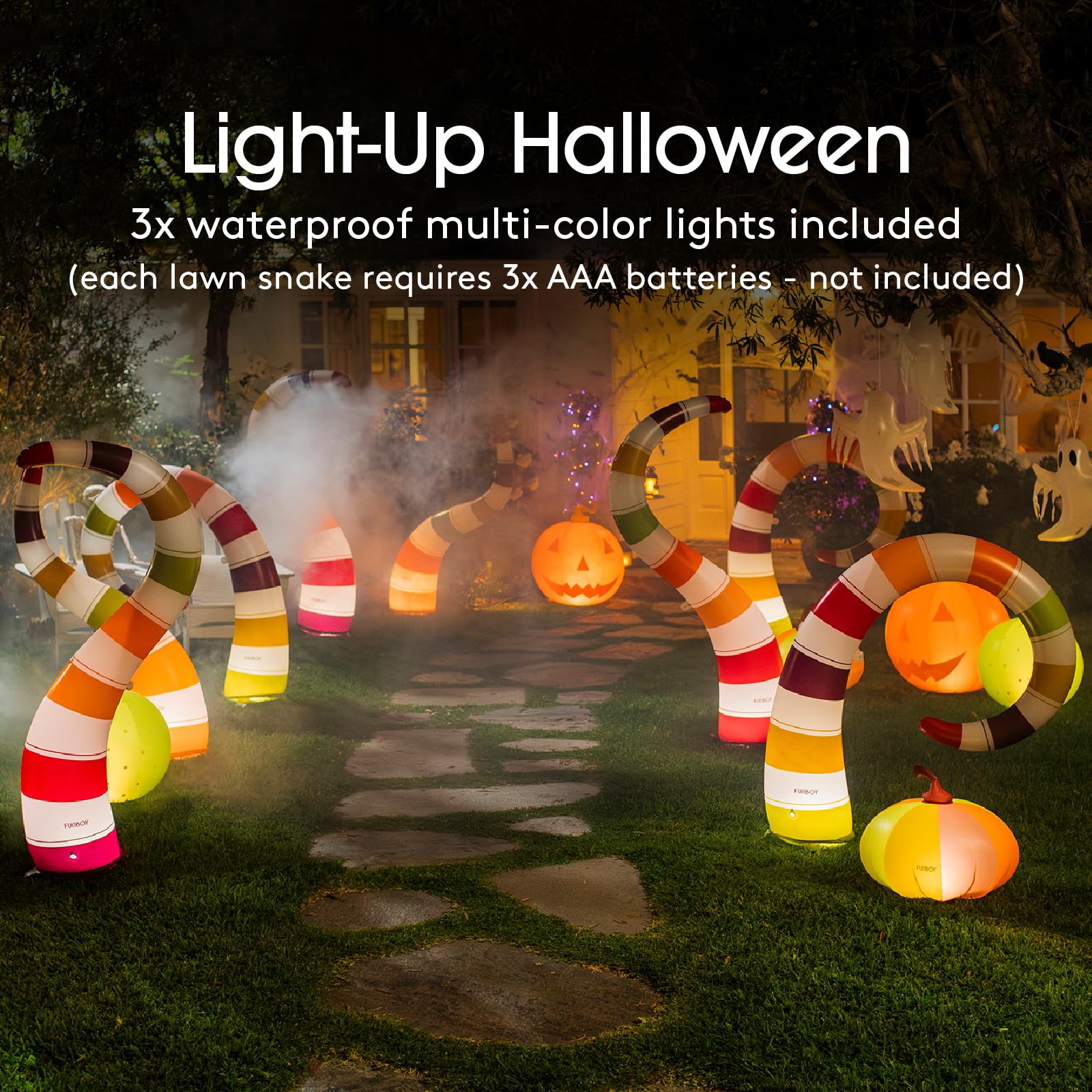 FUNBOY inflated snake in yard at night demonstrating colorful glow