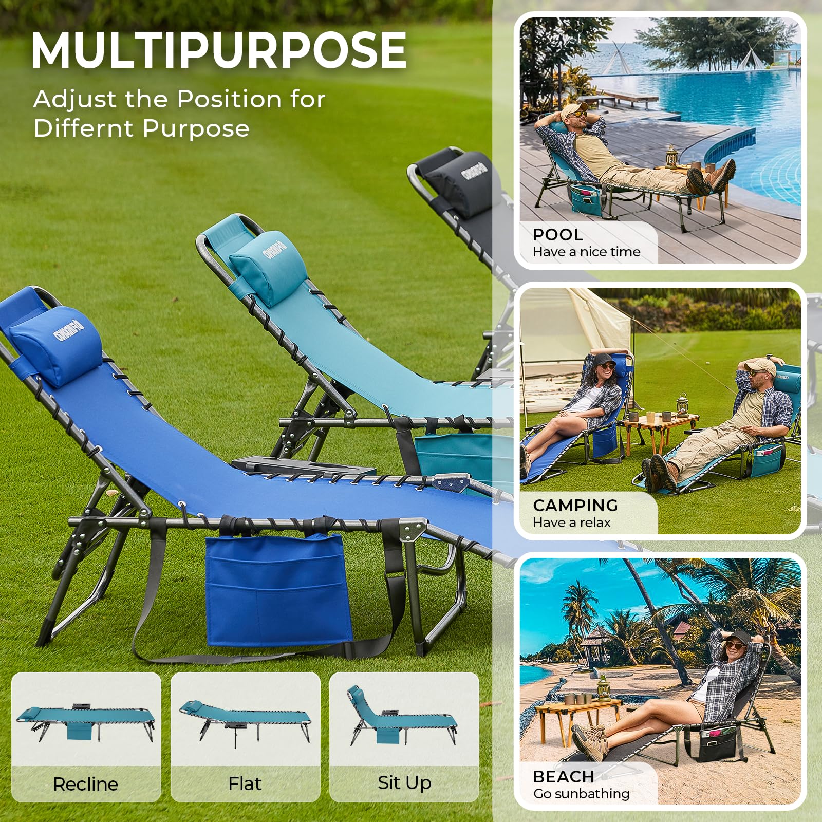 FUNDANGO lounge chair in use poolside illustrating relaxed reclining benefit