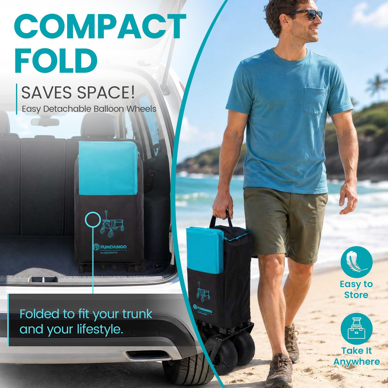 FUNDANGO detached wheels illustrating 2-in-1 storage versatility