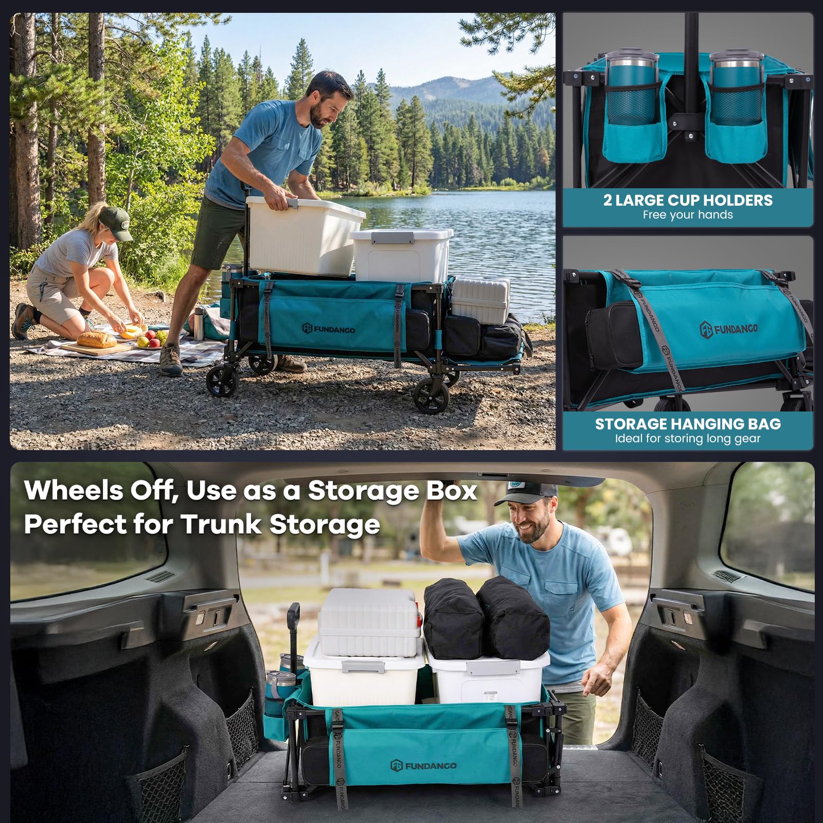 FUNDANGO loading groceries and cooler to show heavy‑duty 400 lb capacity benefit
