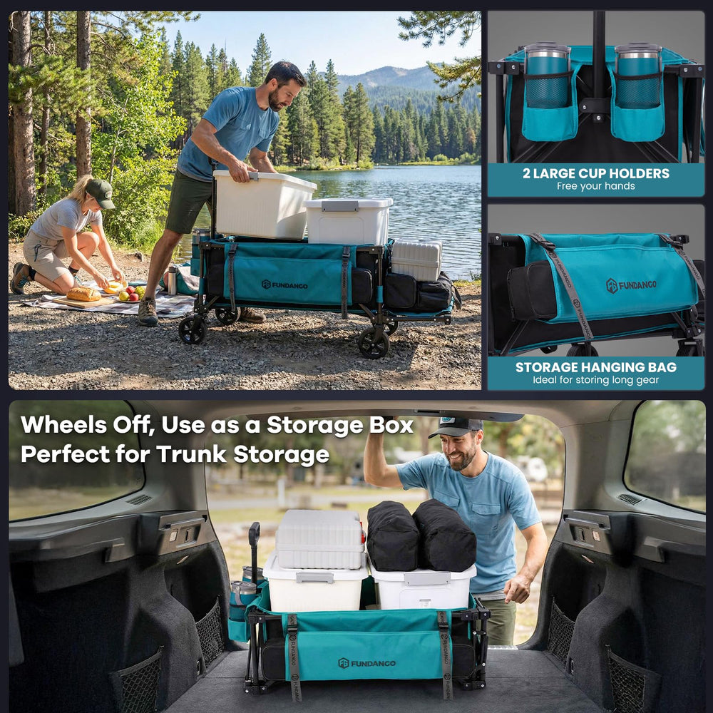 FUNDANGO loading groceries and cooler to show heavy‑duty 400 lb capacity benefit
