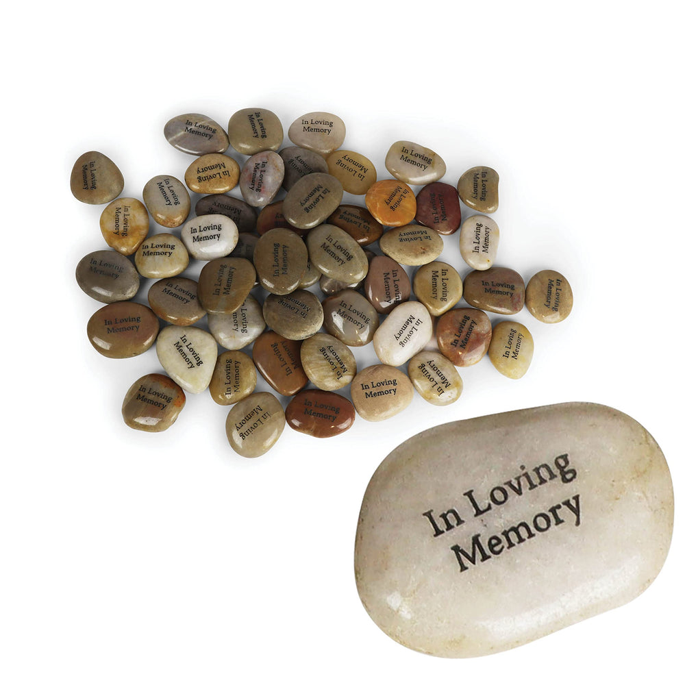 Funeral Favors front packaging showing 50 engraved stones and product branding for easy distribution