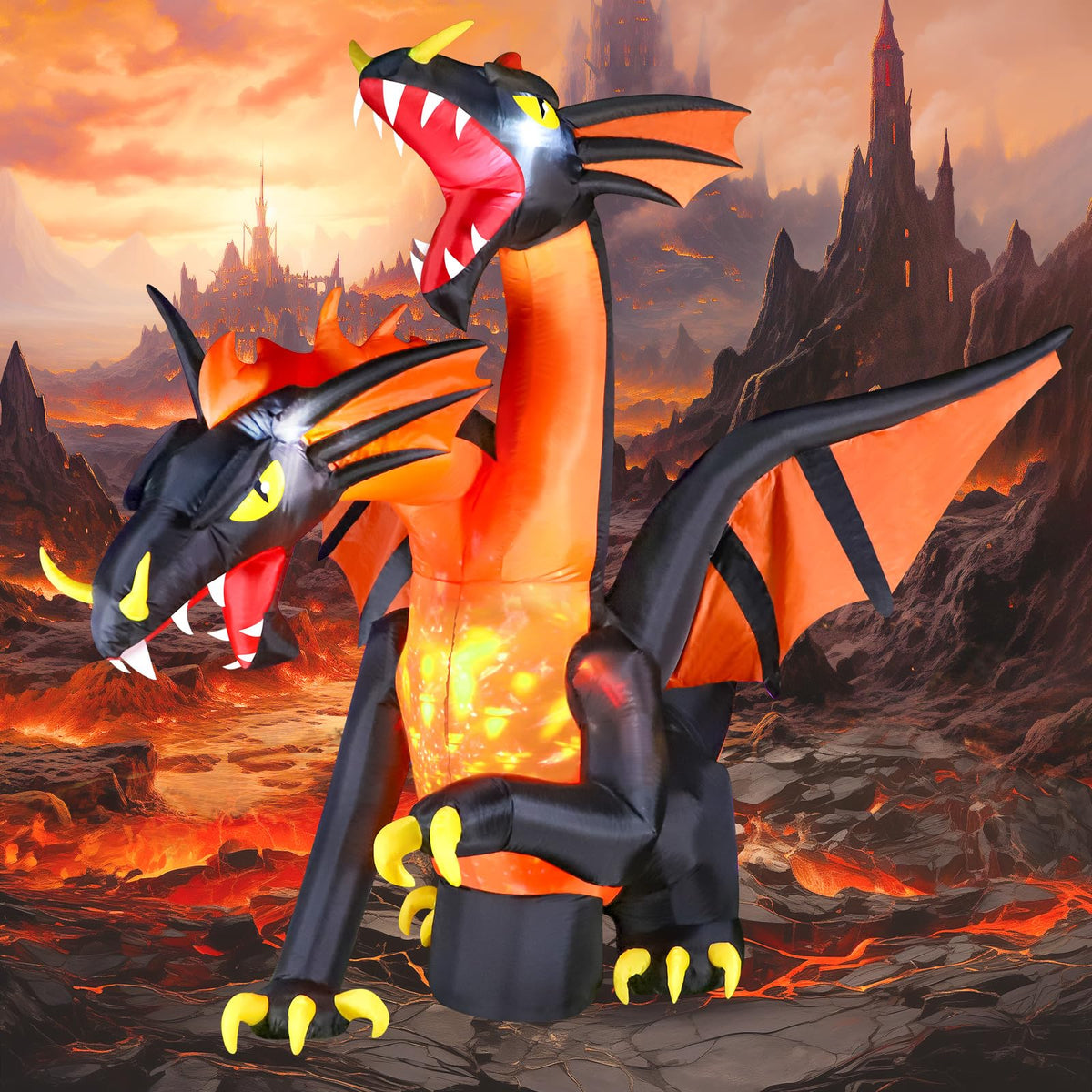 FunFanso double-headed dragon front view showing bold Halloween presence and curb appeal