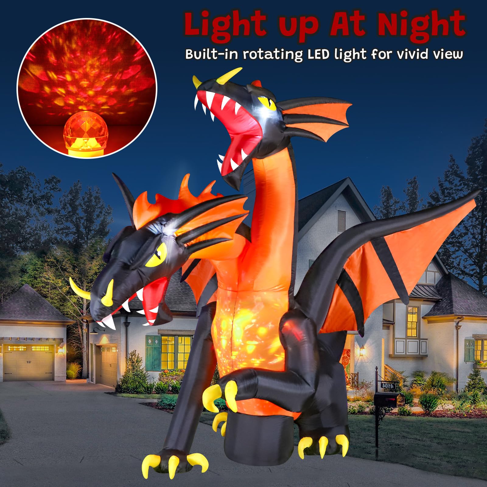 FunFanso dragon rotating flame LED effect at night creating dramatic illuminated impact