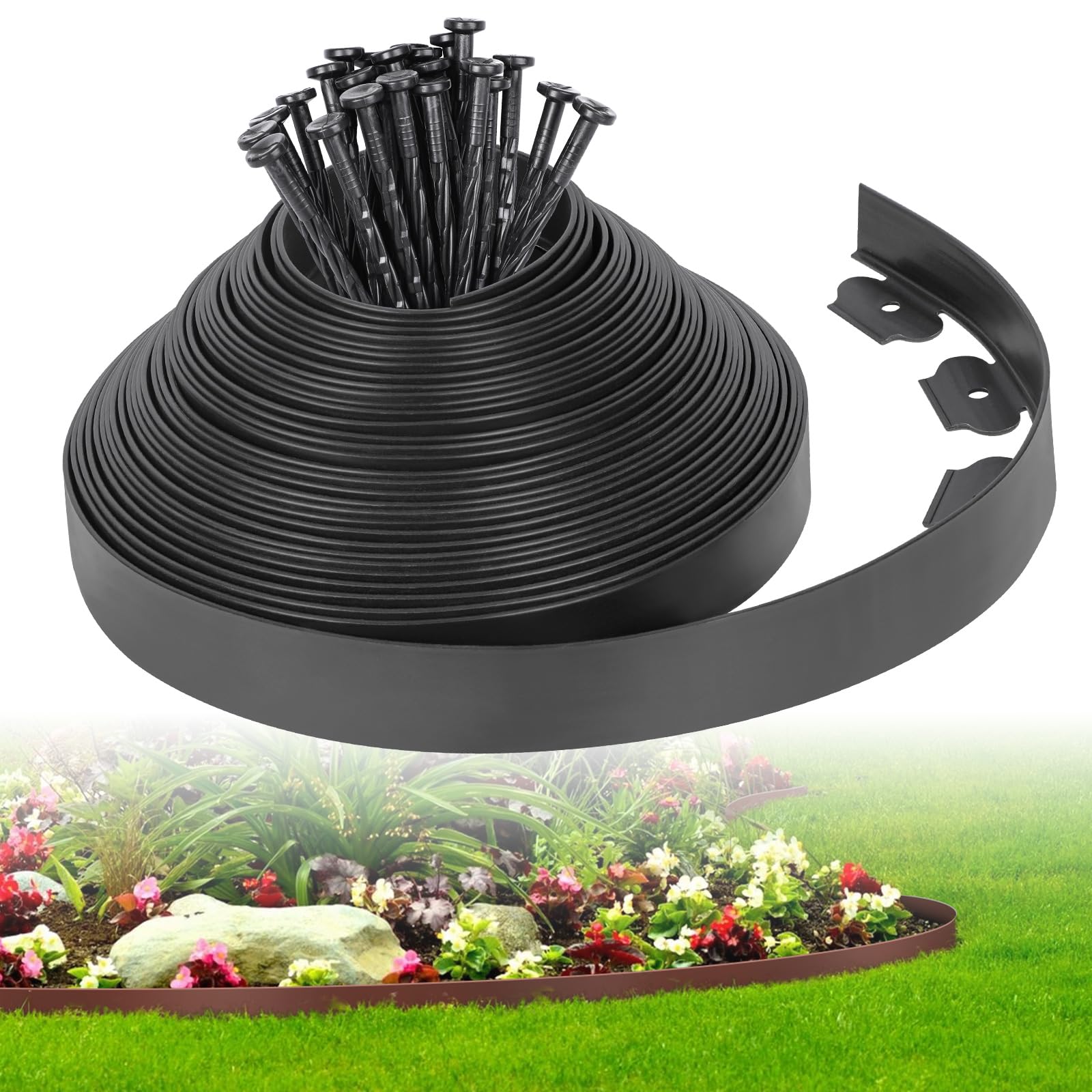FunFanso front view of 2x50ft edging kit showing bundled roll and spikes, tidy finish