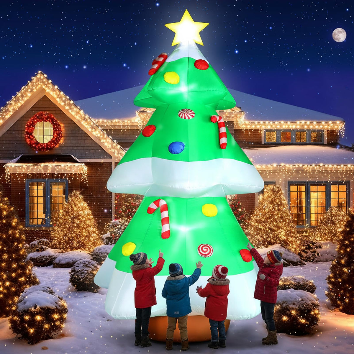 FunFanso front view tree with LED lights and star showing bright holiday curb appeal