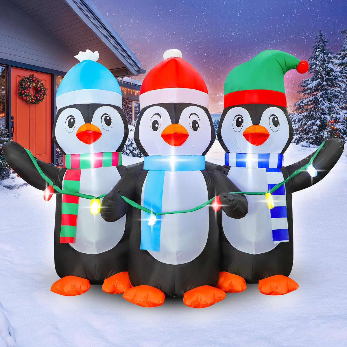 FunFanso front view of three penguins showing cheerful yard decor and visibility