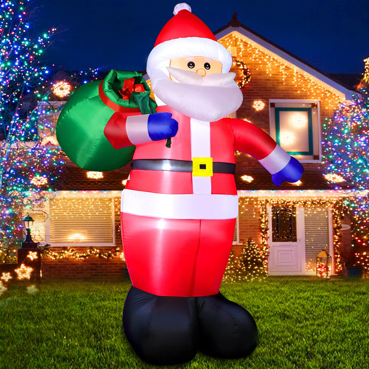 FunFanso front view of 6ft Santa showing festive pose and large gift bag, boosts curb appeal