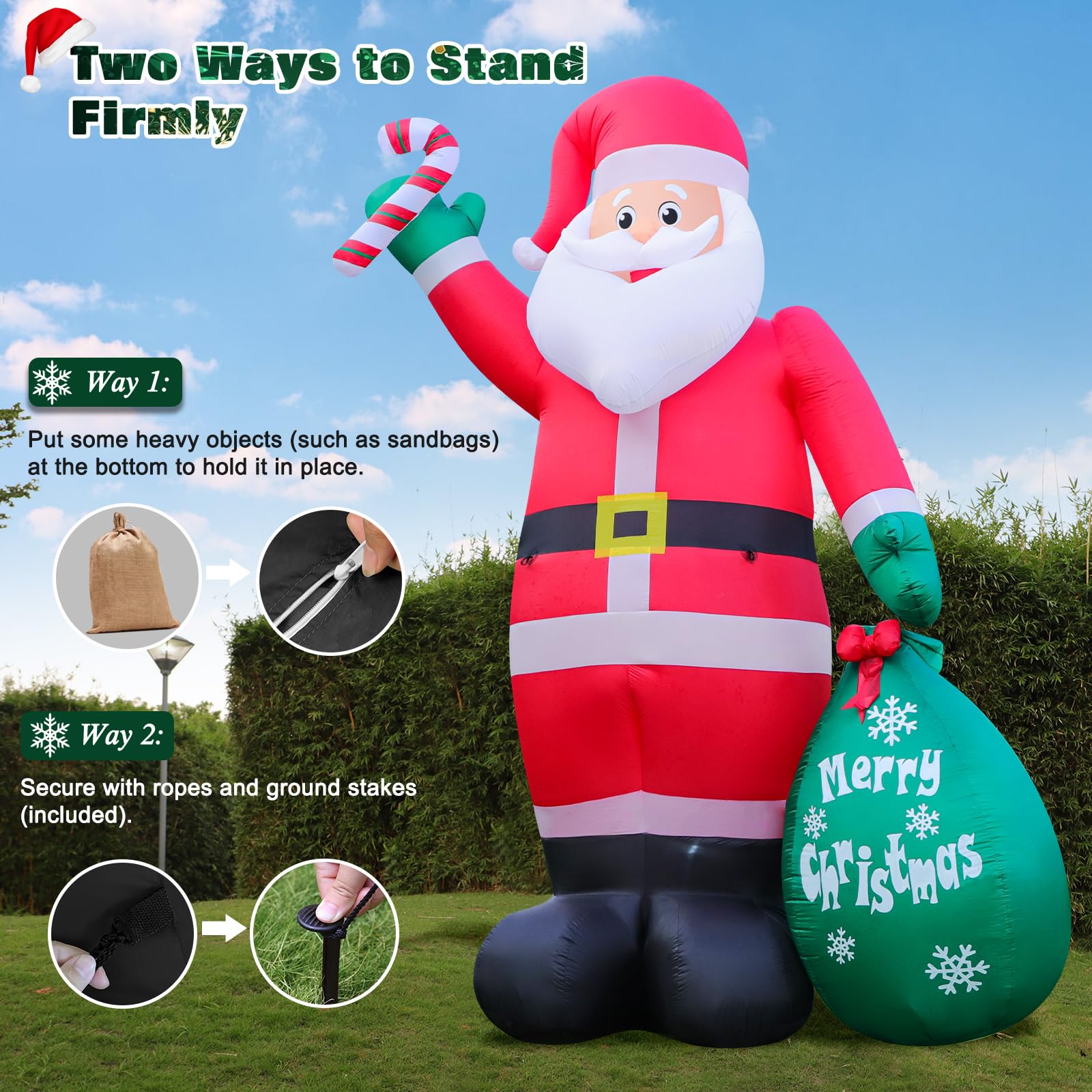 FunFanso Santa beside porch showing scale, helps visualize 12ft height in yard