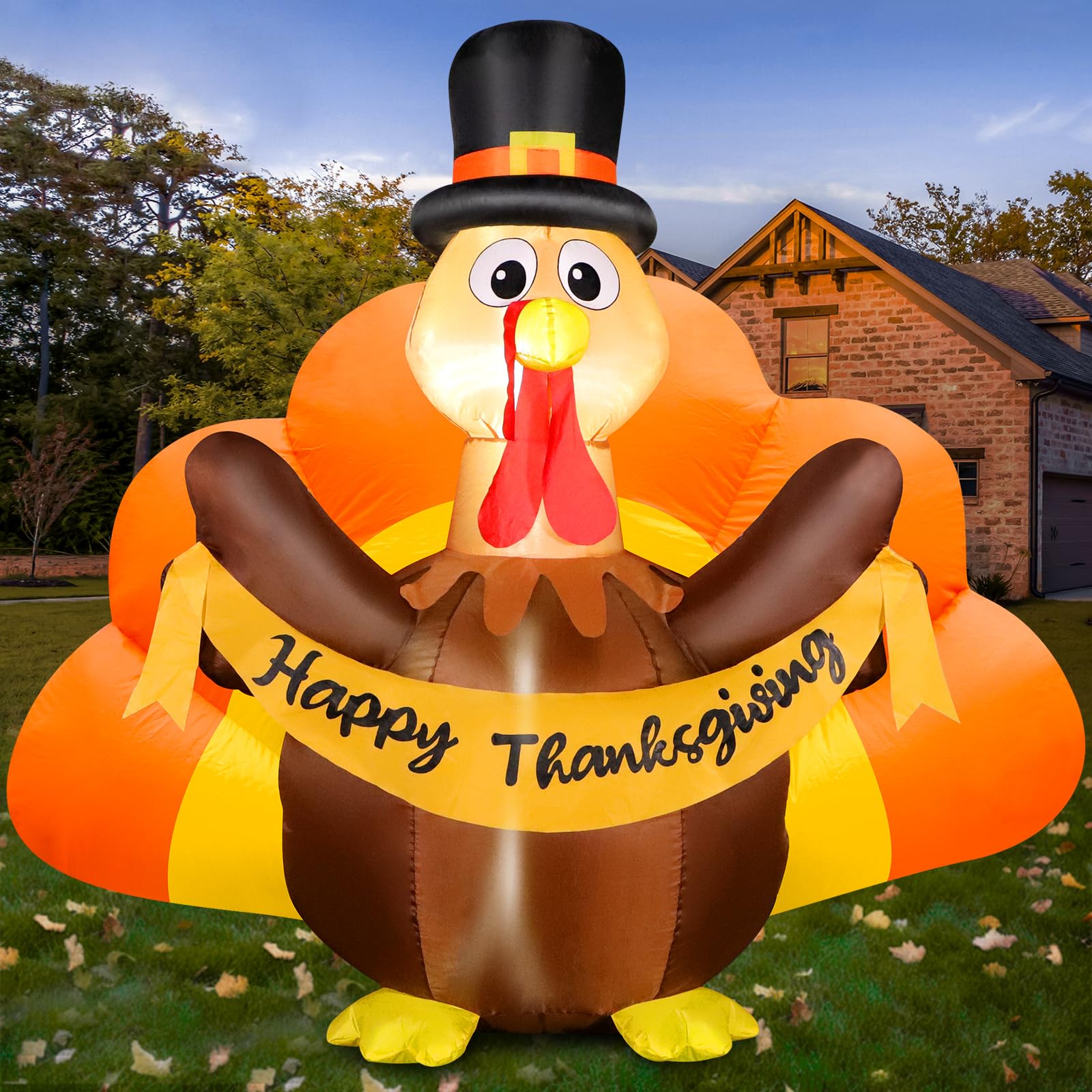 FunFanso turkey front view showing bright colors and banner for festive curb appeal
