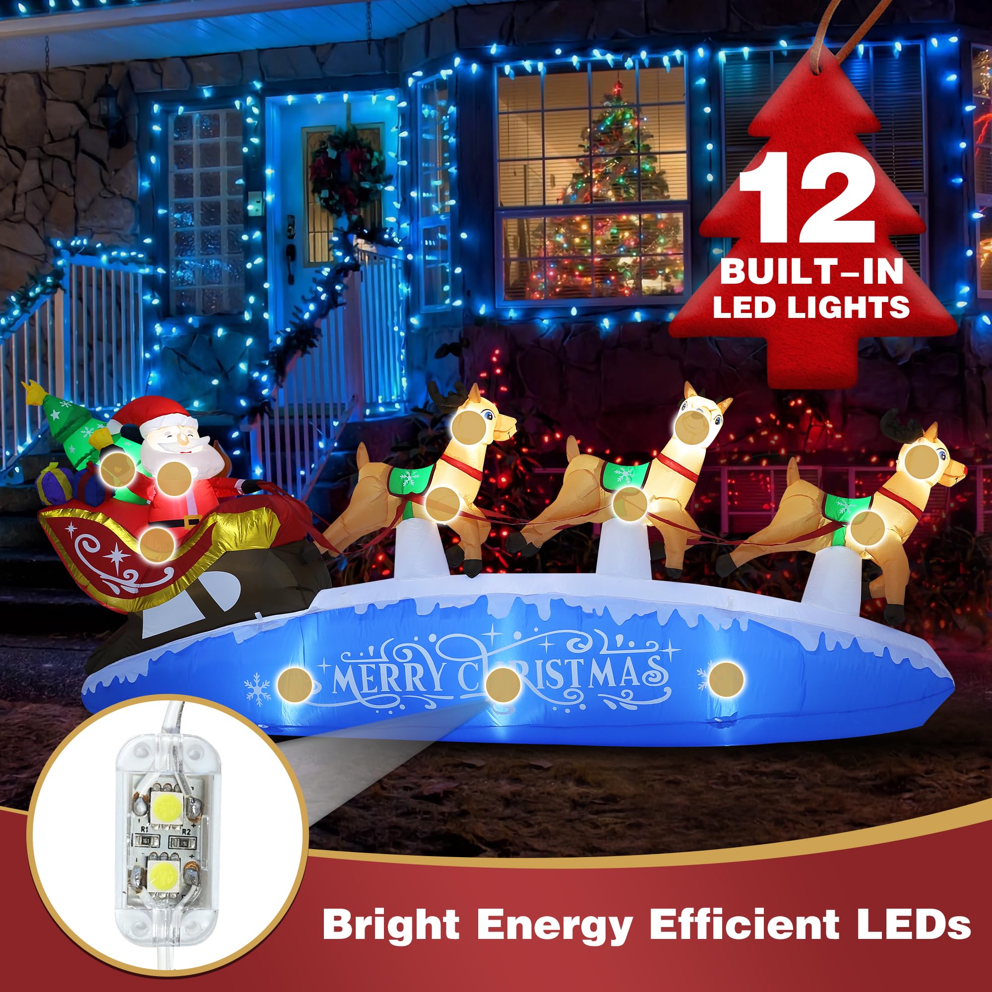 Funflatable illuminated sleigh and reindeer on lawn at night creating festive curb appeal benefit