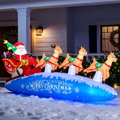 Funflatable front view of blue Santa sleigh inflatable showing full scene benefit visibility